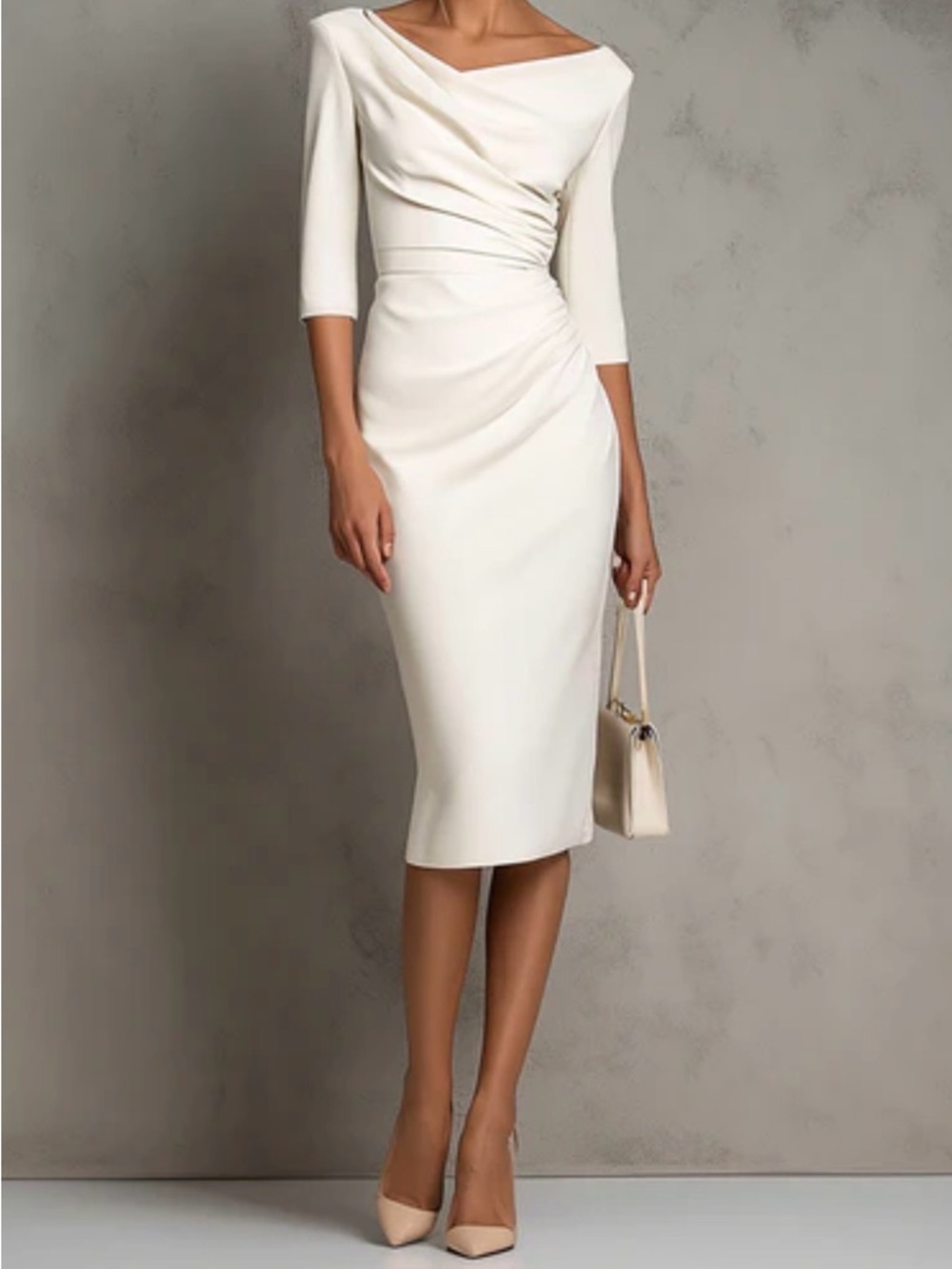 Ivory Sheath Midi Dress Draped V Neck 3/4 Sleeve Bridal Bridgerton S - Picture 6 of 6
